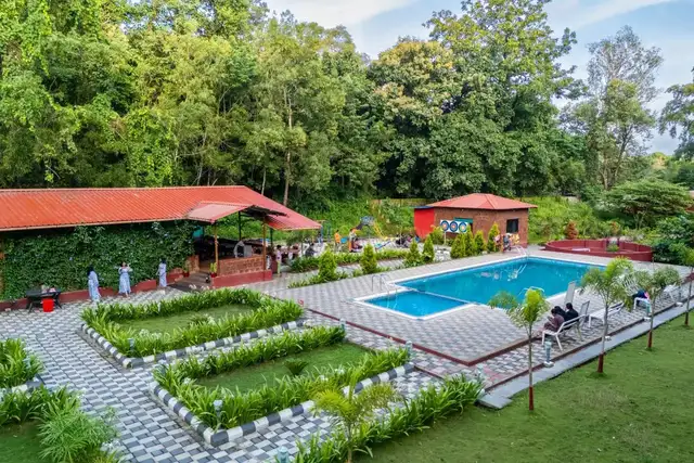 Wild Wings Dandeli resort swimming pool bordered by lush garden and tall palms